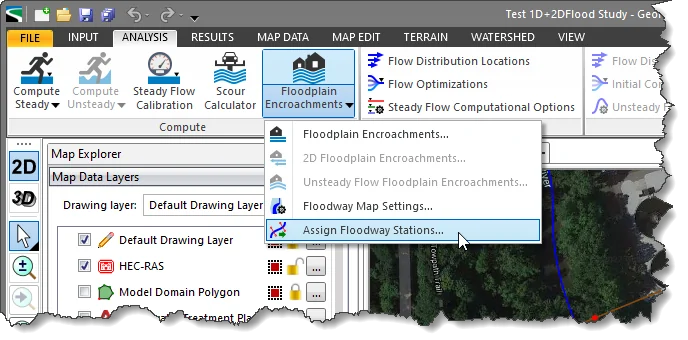Assign Floodway Stations command of Floodplain Encroachments dropdown menu from Analysis ribbon menu