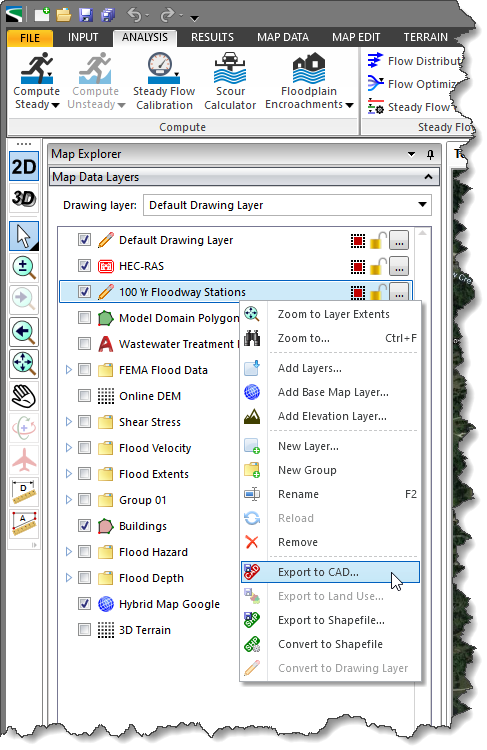 Export to CAD command from the right-click context menu