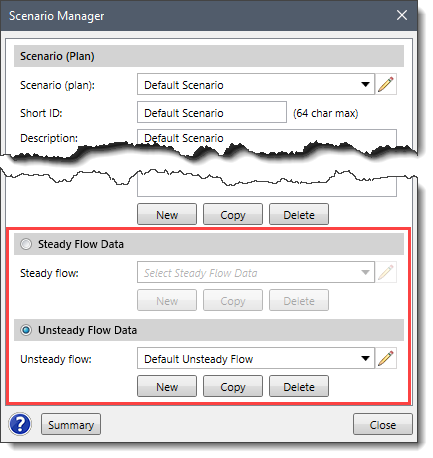 Scenario Manager dialog box - steady and unsteady flow data options