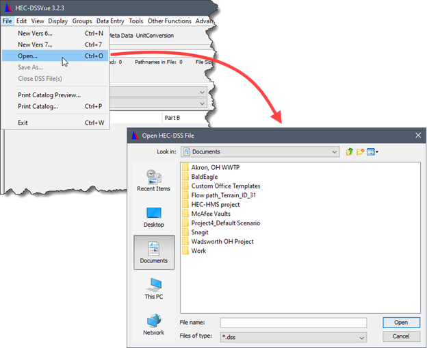 Open HEC-DSS File dialog box will be displayed