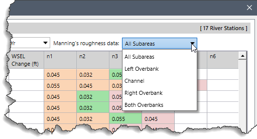 Manning’s Roughness Data dropdown combo box