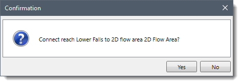 Confirmation dialog box for connecting 1D river reach to 2D flow