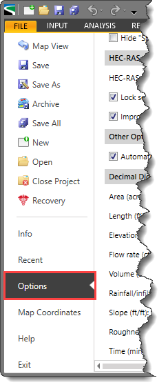 Options backstage page under the File ribbon menu