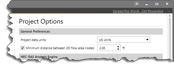 Project Options Section - Minimum distance between 2D flow area nodes option