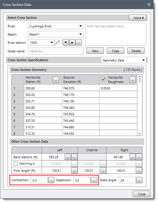 Cross Section Data dialog box - Contraction and Expansion coefficients