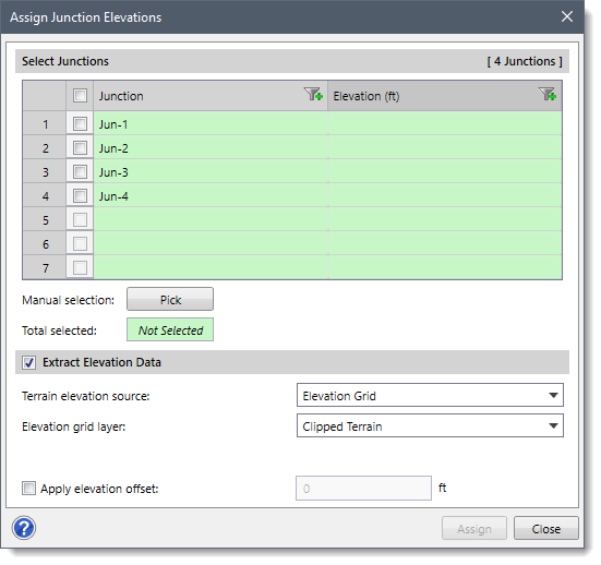 Assign Junction Elevations dialog box