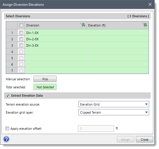 Assign Diversion Elevations dialog box