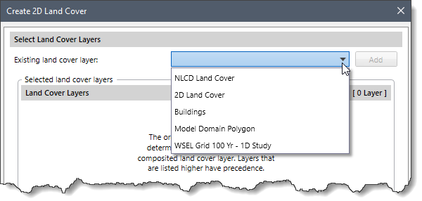 Existing land cover layer dropdown combo box