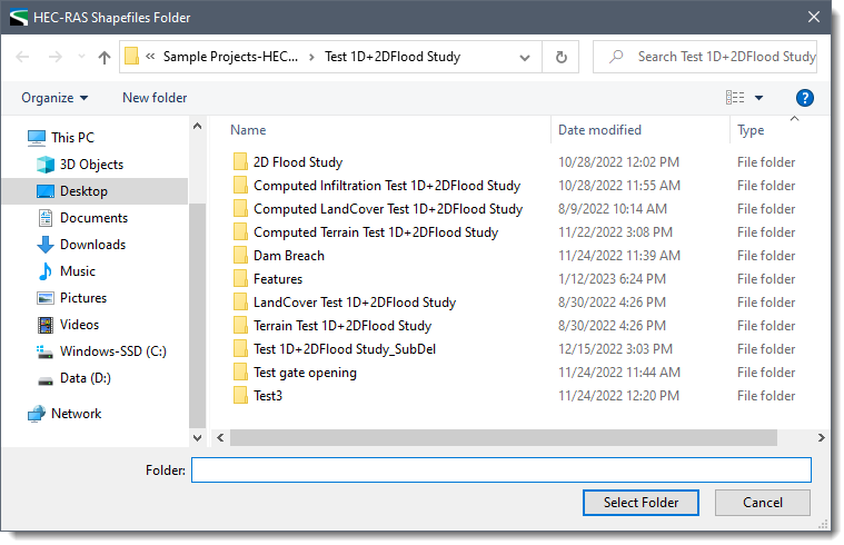 HEC-RAS Shapefile Folder dialog box