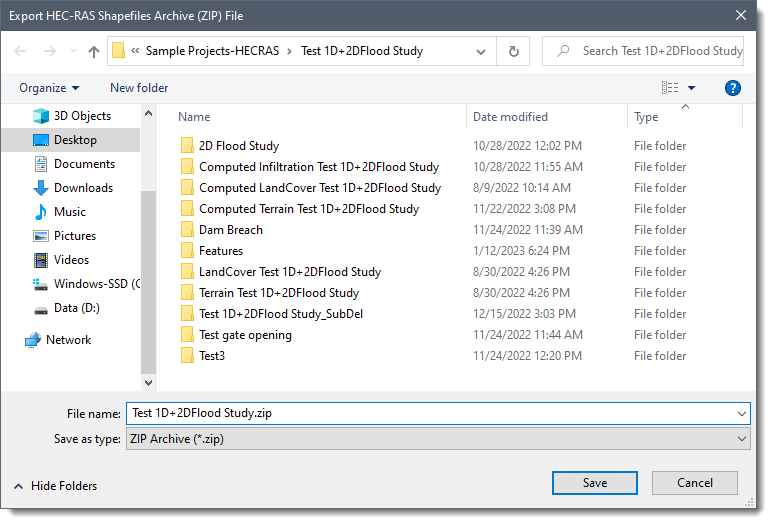 Export HEC-RAS Shapefile Archive (ZIP) File dialog box