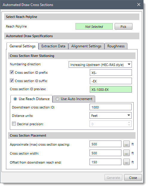 Automated Draw Cross Sections dialog box
