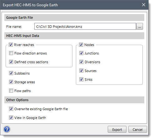 Export HEC‑HMS to Google Earth dialog box