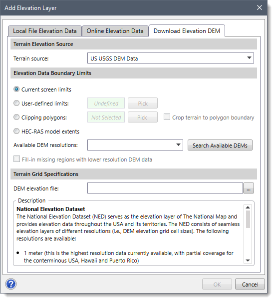 Add Elevation Layer dialog box with selected Download Elevation DEM tab