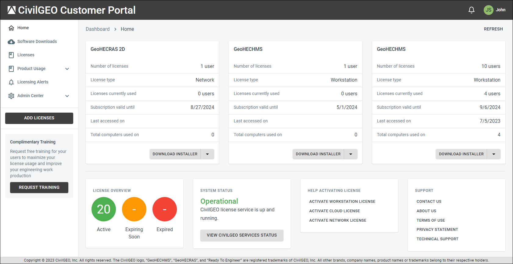CivilGEO Customer Portal dashboard 