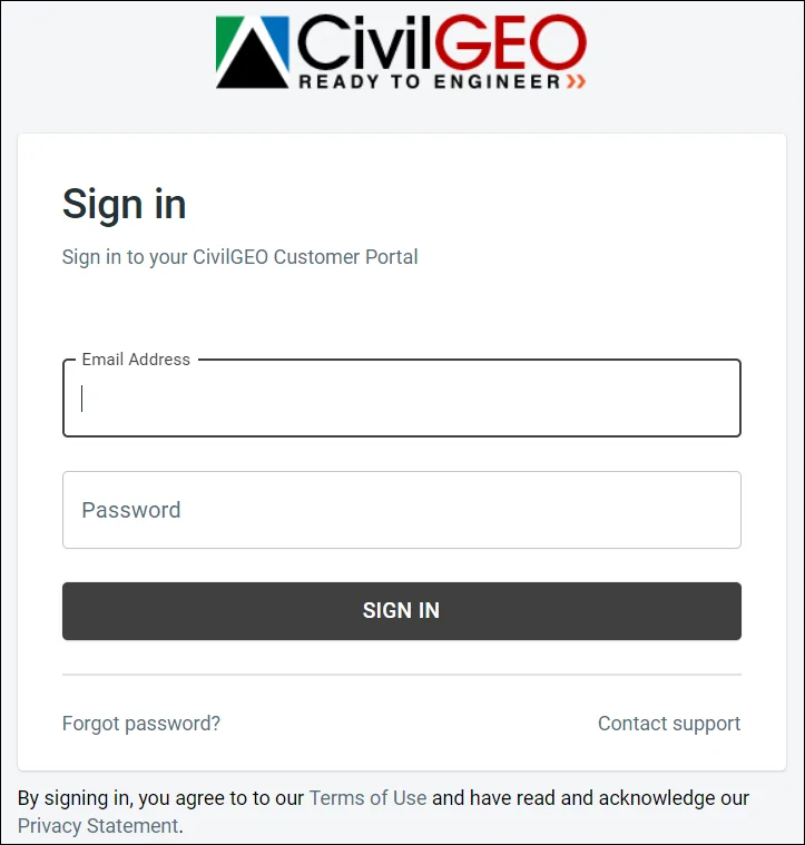 CivilGEO Customer Portal login webpage