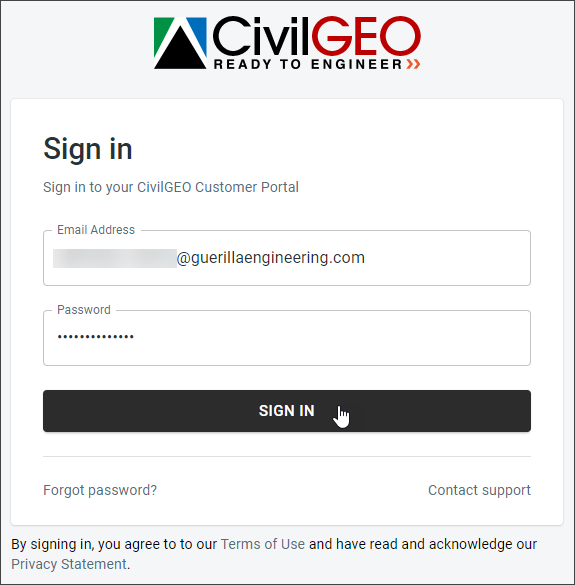 CivilGEO Customer Portal login credentials 