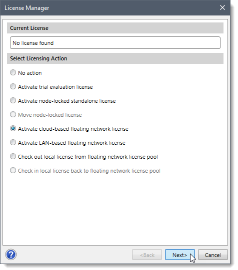 Activate cloud-based floating network license radio button