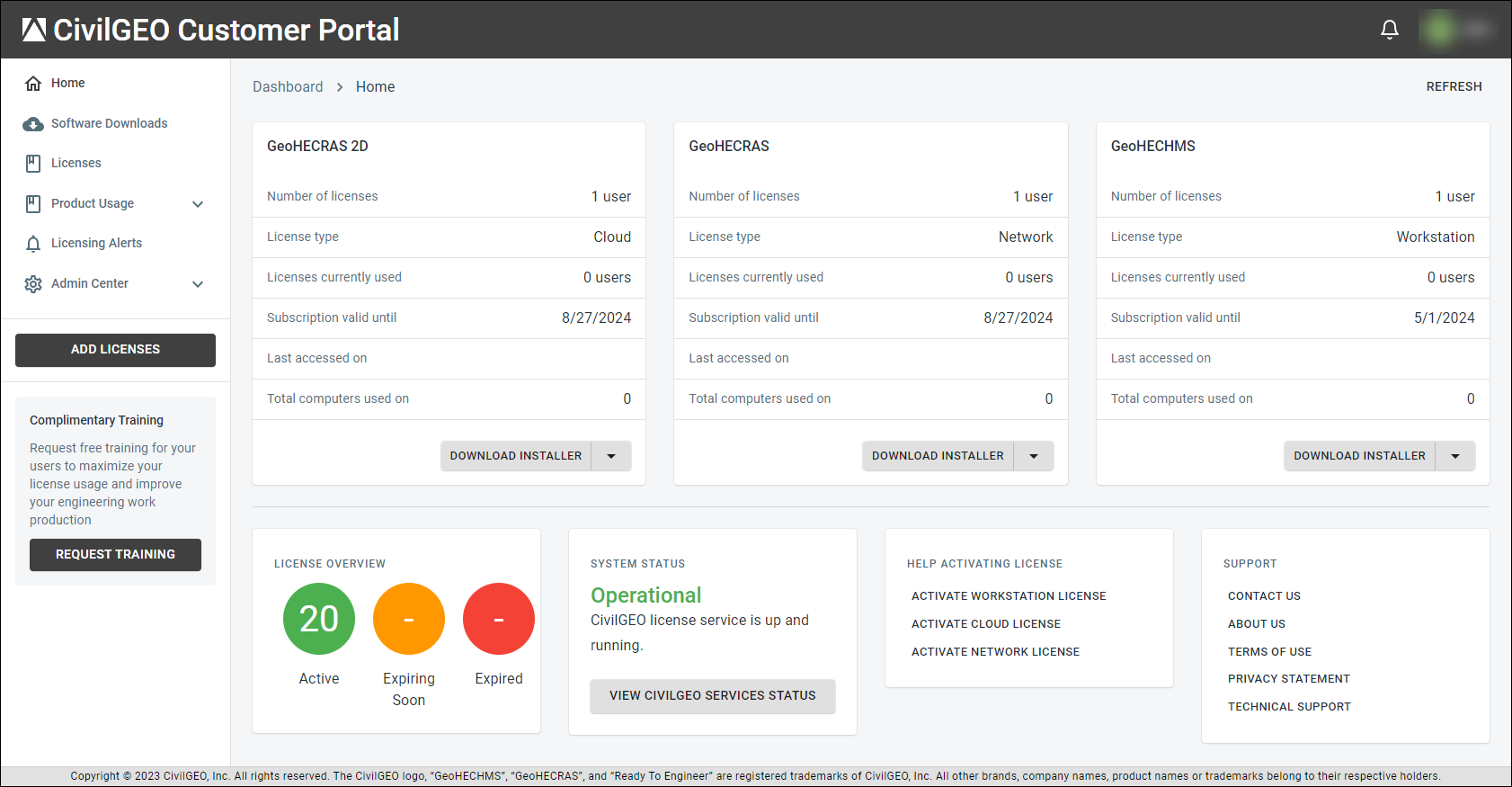 CivilGEO Customer Portal dashboard