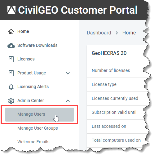 Manage Users option under the Admin Center menu item
