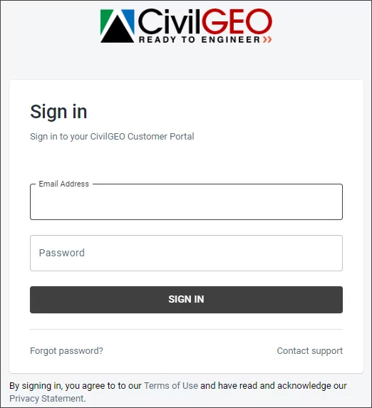 CivilGEO Customer Portal login screen