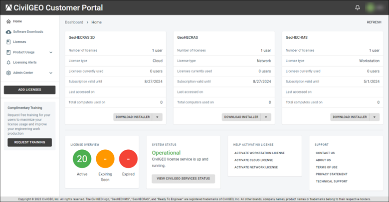 CivilGEO Customer Portal dashboard screen