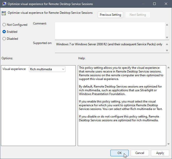 Optimize visual experience for Remote Desktop Service Sessions dialog box