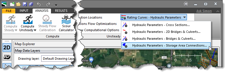 Hydraulic Parameters - Storage Area Connections Analysis ribbon menu command