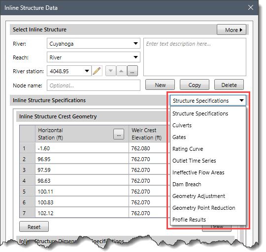 Inline Structure Specifications data panel selector