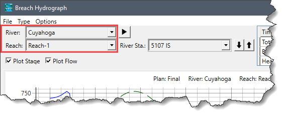 River and Reach dropdown combo boxes
