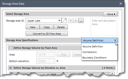 Storage Area Specifications dropdown combo box