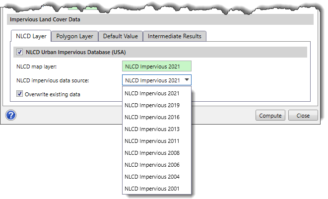 NLCD impervious data source dropdown combo box