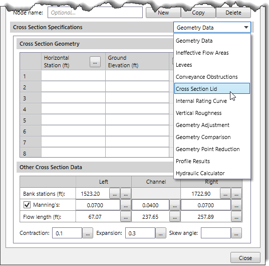 Cross Section Specifications dropdown combo box