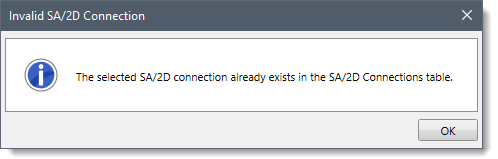 Invalid SA/2D Connection dialog box