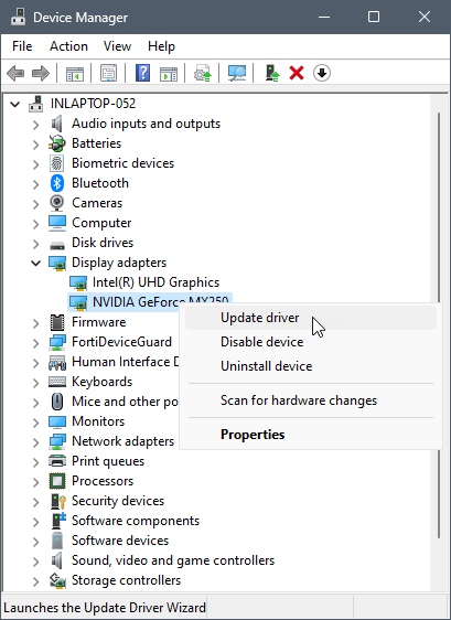 Select Update driver from the displayed context menu