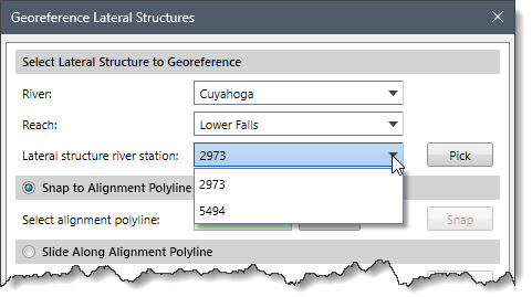 Lateral structure river station dropdown combo box